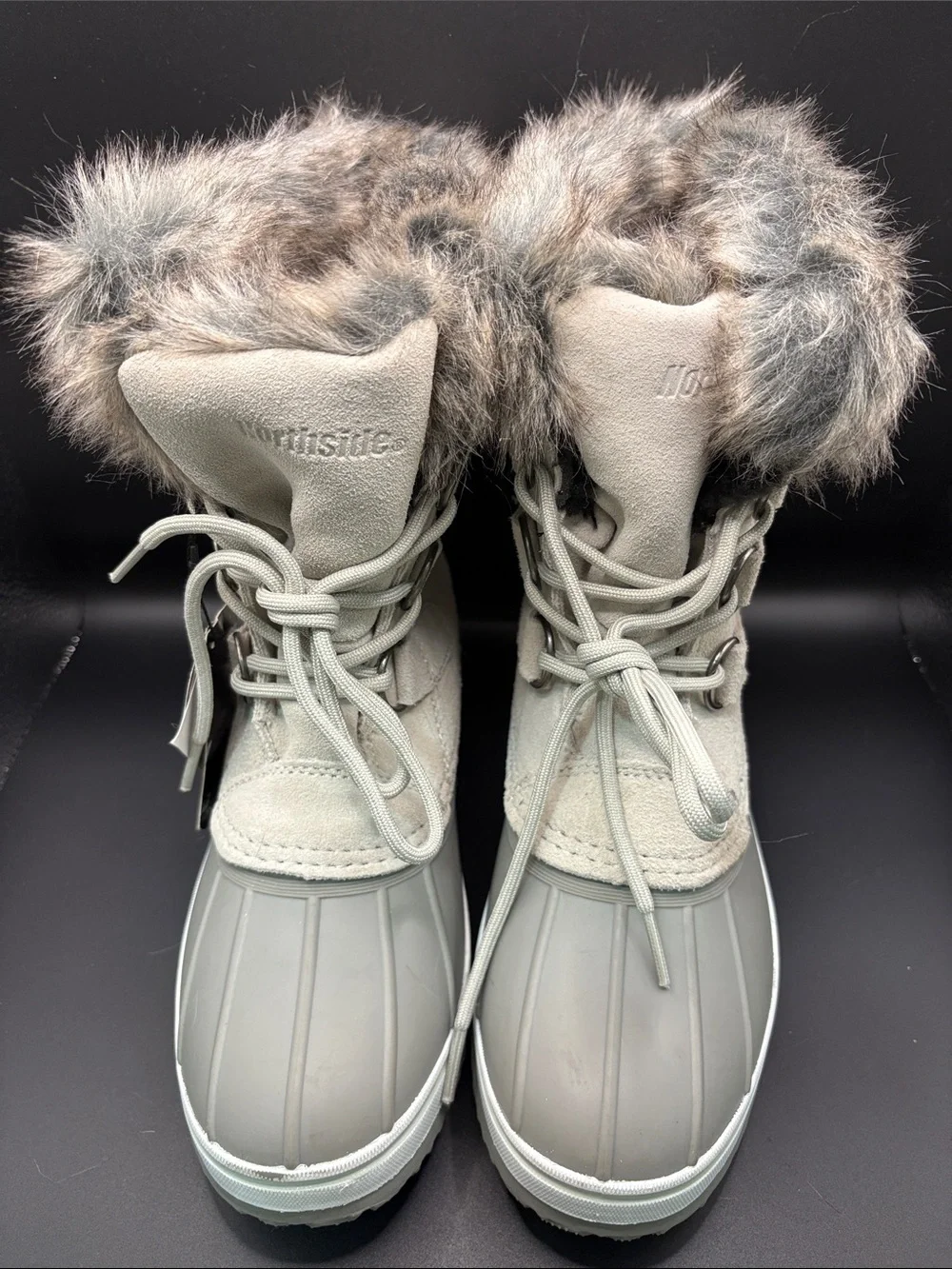 Northside Women's Light Gray Faux Fur-Trim Lace-Up Winter Boots